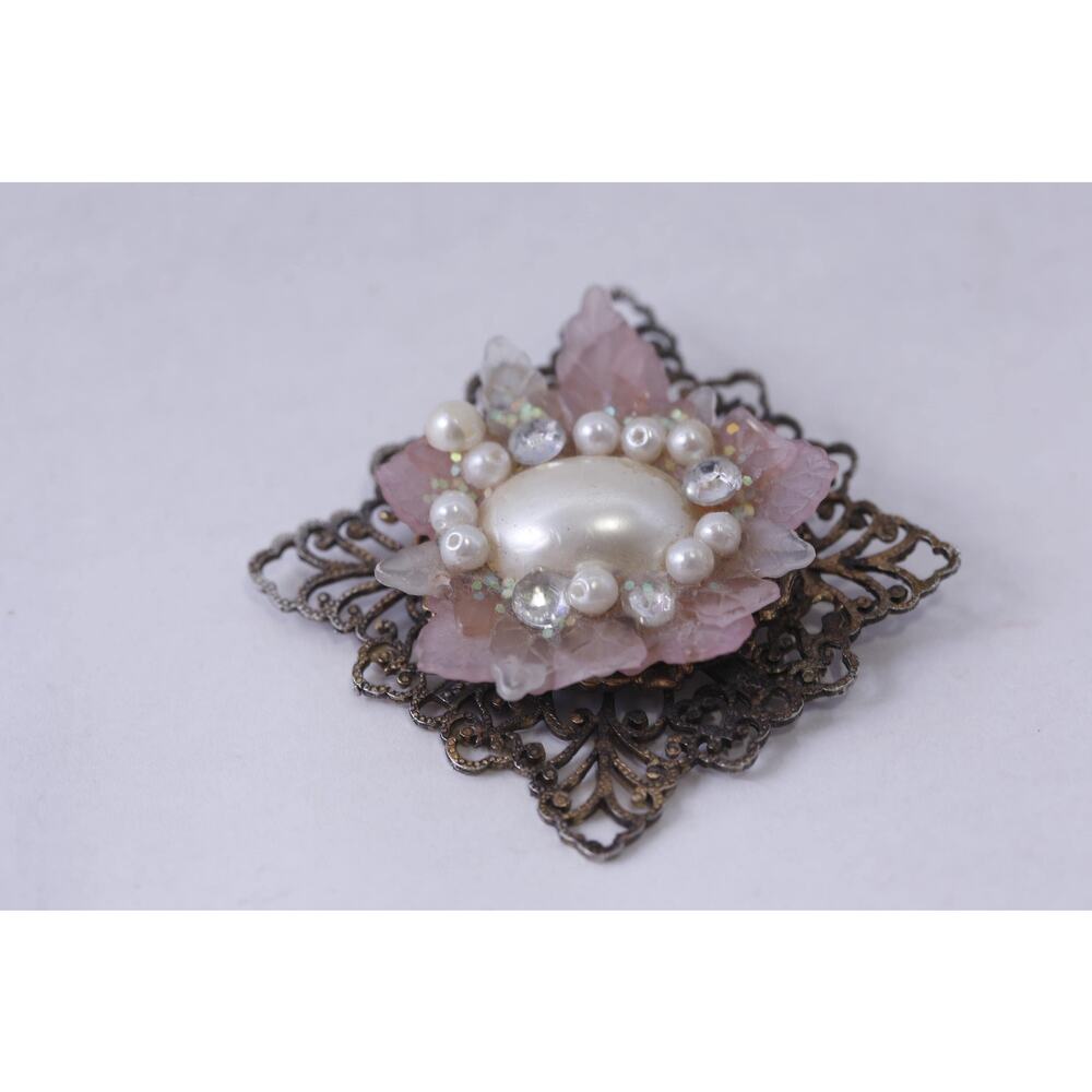 Pink Flower with White Pearls, Ornate Brooch, Floral Design, Eye-Catching,